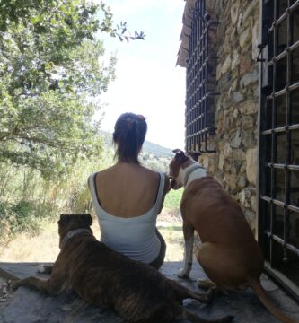Educadora canina. y dos perros.
