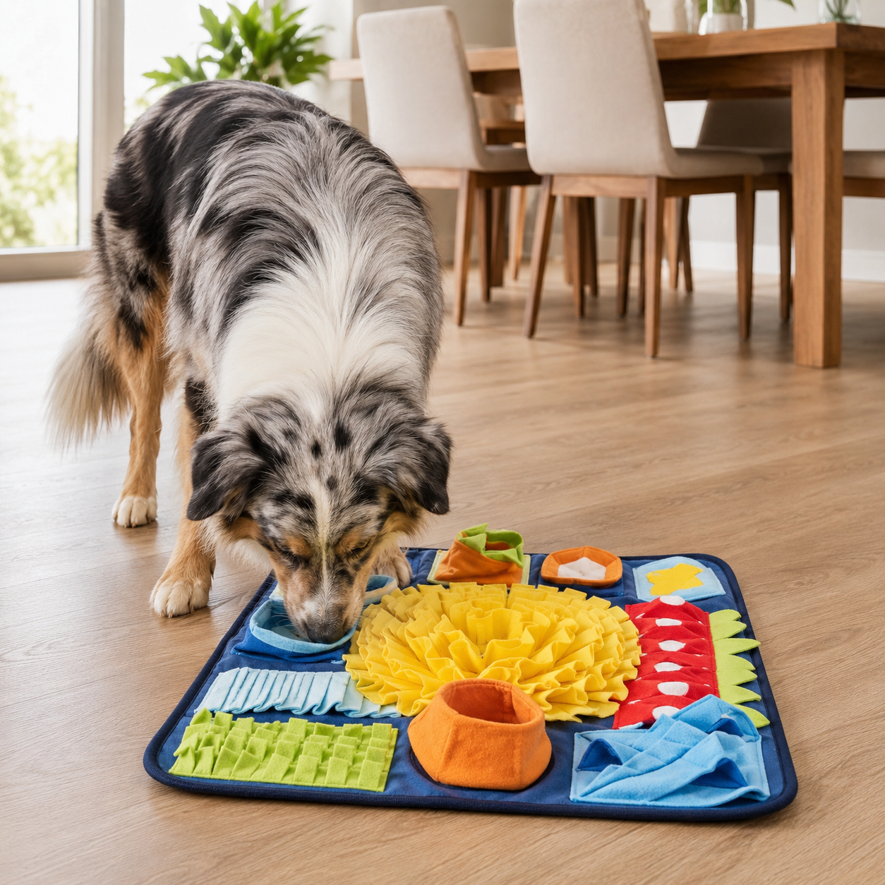 Perro buscando comida en una alfombra olfativa