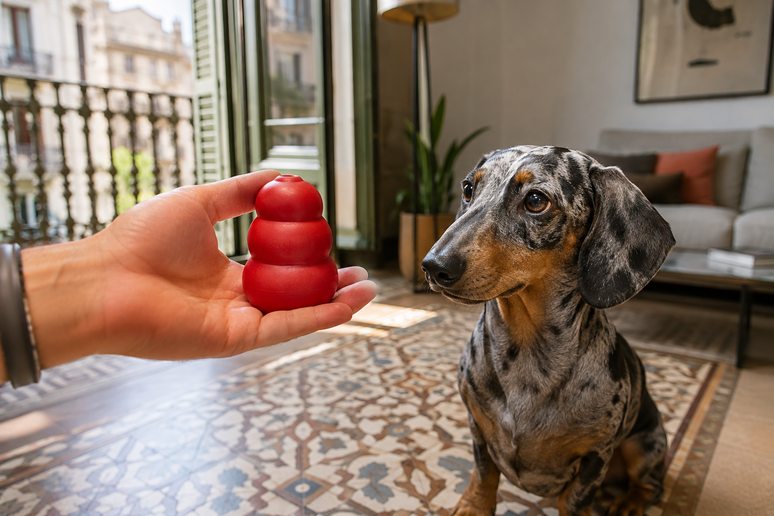 Perro entretenido con un juguete rellenable KONG