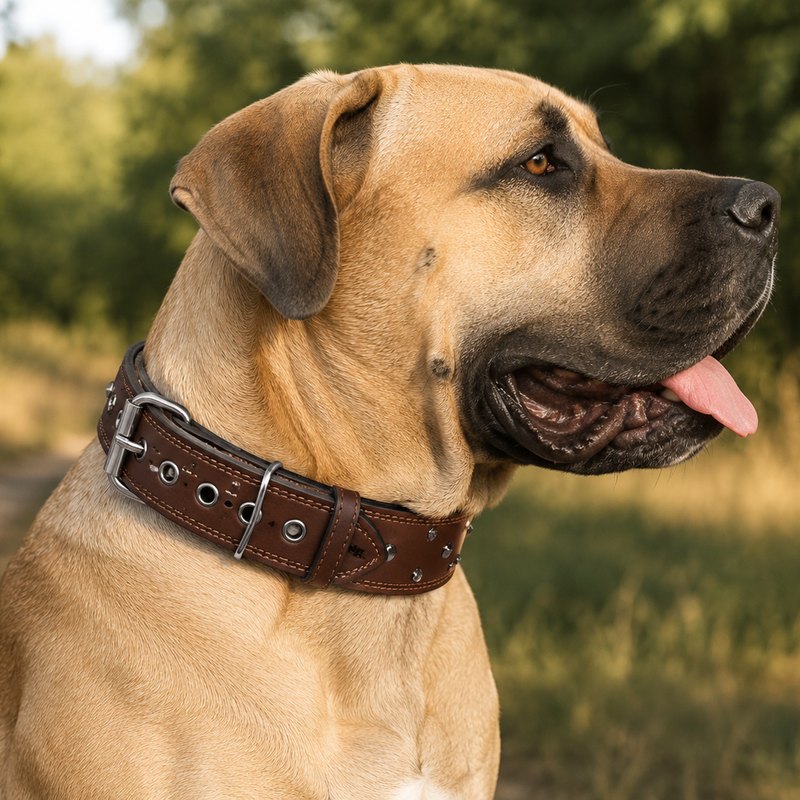 Collar de cuero ancho puesto a un perro de raza grande