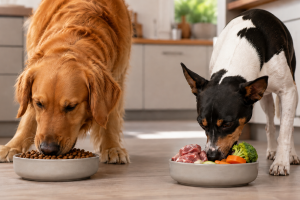 Dos perros comiendo de sus cuencos con comida natural