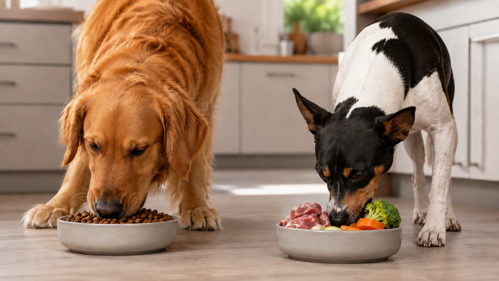 Dos perros comiendo de sus cuencos con comida natural